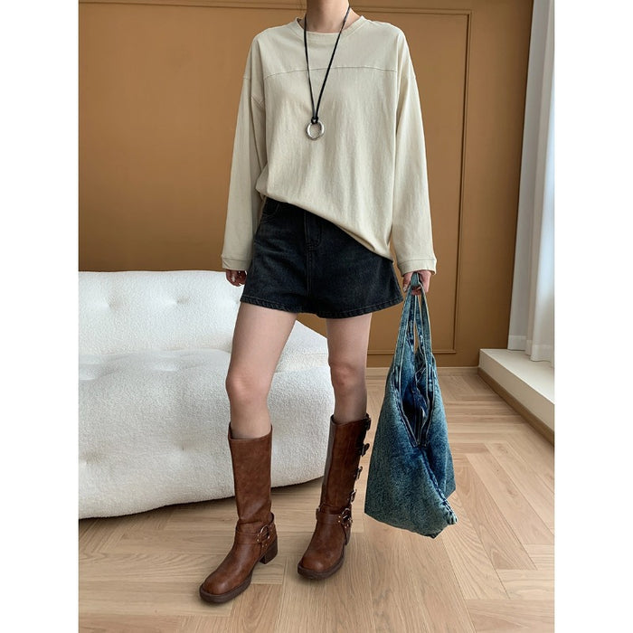 Niche Design Comfortable Round Neck Stitching Loose Long Sleeve T Shirt Early Autumn