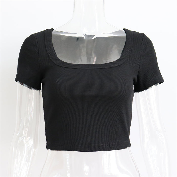 Spring Summer Sexy Short U Neck T shirt Women Cotton Rib Cropped Top Women Short Sleeve Slim Fit Slimming