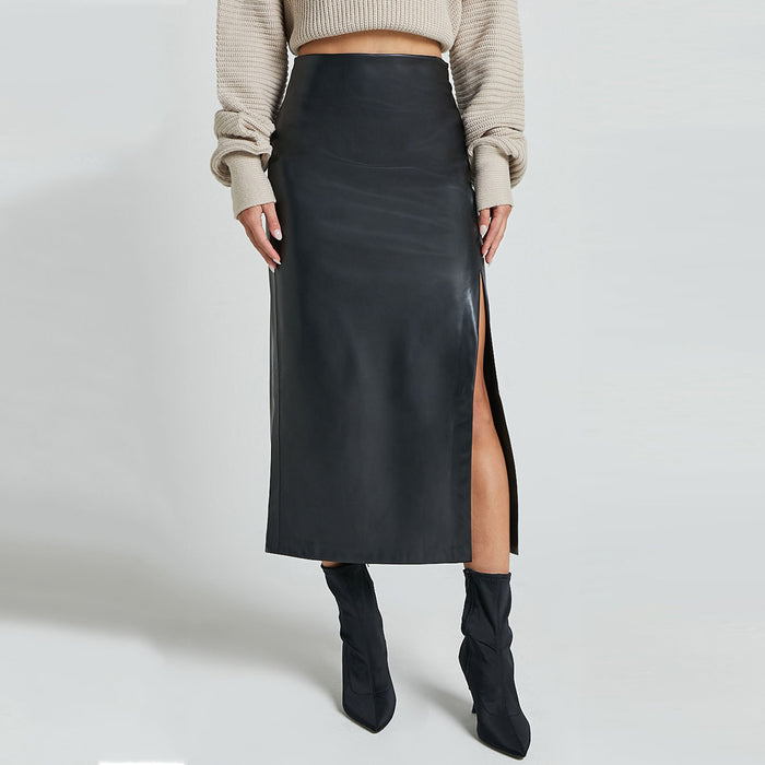 Autumn Winter Faux Leather Split Leather Skirt High Waist Zipper Skirt Slim Sheath Long Skirt Women