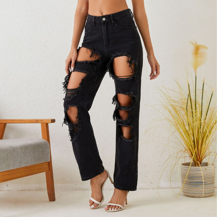 Ripped Retro Street Loose Slimming Straight Jeans Women Spring Summer