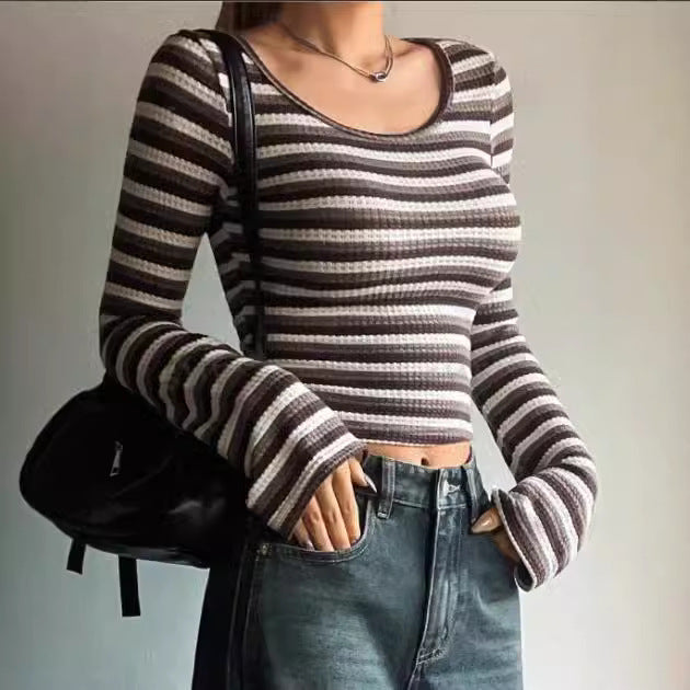 Women Autumn Bottoming Shirt Sexy Pullover round Neck Slim Striped High Grade Long Sleeve T shirt