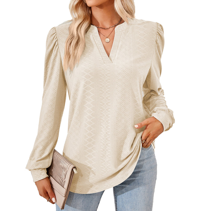 Autumn Winter Solid Color V neck Jacquard Long Sleeve Loose-Fitting T-shirt Top Ladies