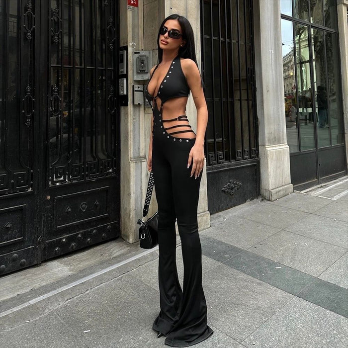 Popular Summer Sleeveless Lace up Backless Slightly Flared Wide Leg Jumpsuit for Women