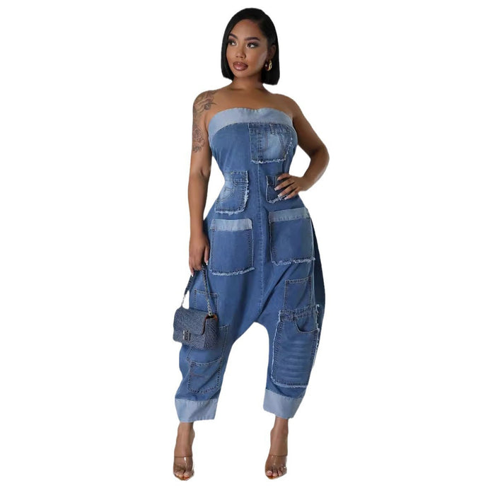 Denim Cargo Pants Multi Pocket Stitching Washed Loose Sleeveless Jumpsuit