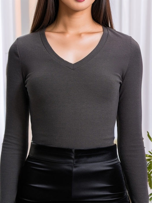 Winter Women Clothing Fashionable Knitted Rib Slim V neck Long Sleeve Bottoming Solid Color Top