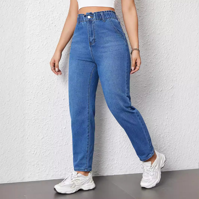 Women Elastic Straight Jeans Popular Casual Slimming Blue Color Trousers Spring Summer