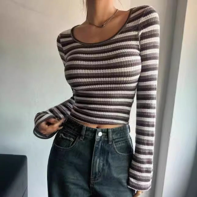 Women Autumn Bottoming Shirt Sexy Pullover round Neck Slim Striped High Grade Long Sleeve T shirt