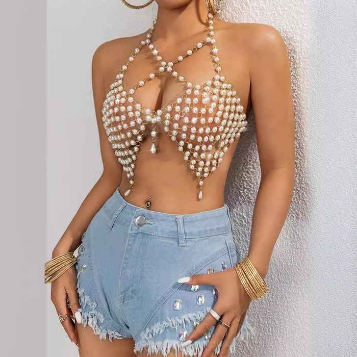 Sexy Beach Vacation Imitation Pearl Halter Spaghetti Straps Backless Music Festival Party Top