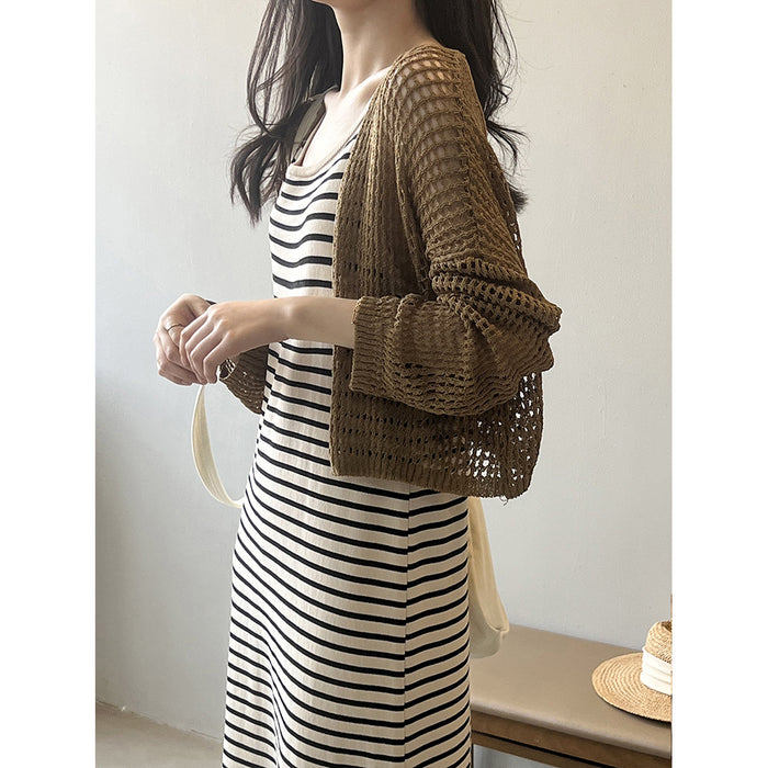 Hollow Out Cutout Out Thin Sun Protection Knit Cardigan Women Summer Loose Outer Shawl Blouse