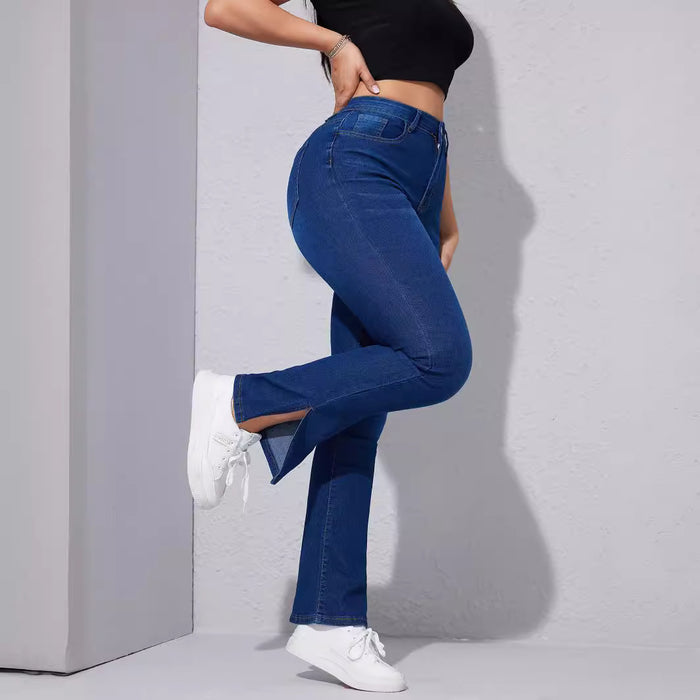 High Waist Stretch Foot Slit Slim Jeans for Women