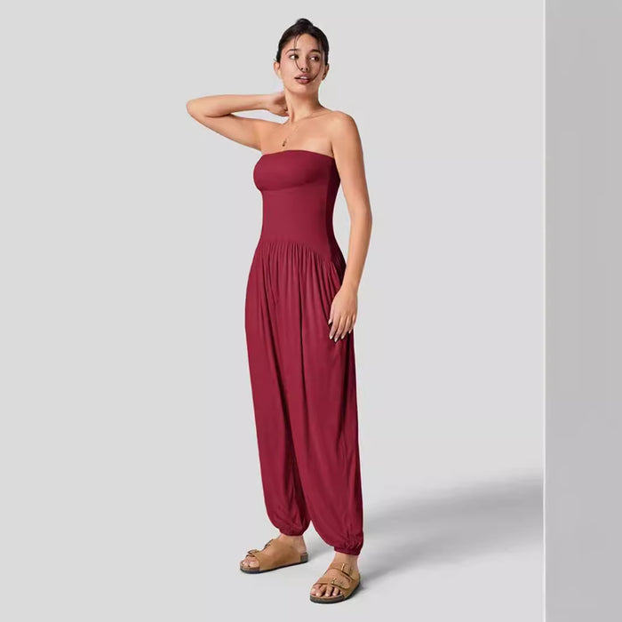 Casual Summer Tube Top Ankle Tied Jumpsuit Backless Pleated Pocket Bloomers One Piece Trousers for Women