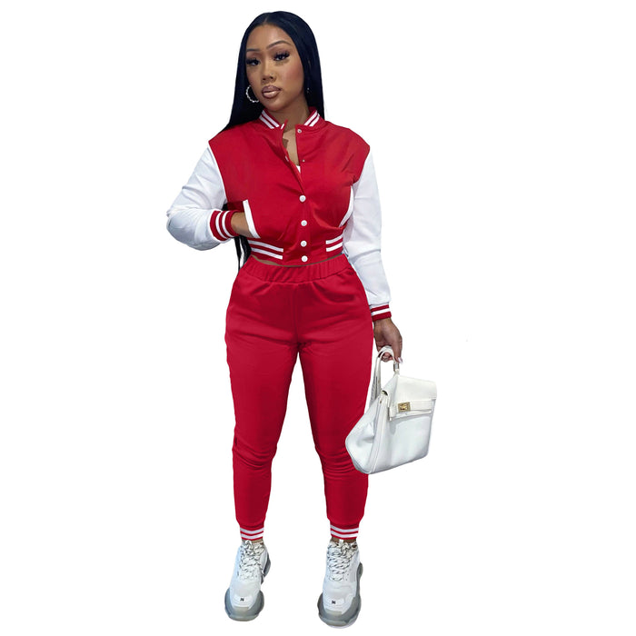 Color Matching Women Jacket Suits Single-Breasted Stitching Long Sleeve Varsity Jacket Two-Piece Set Women