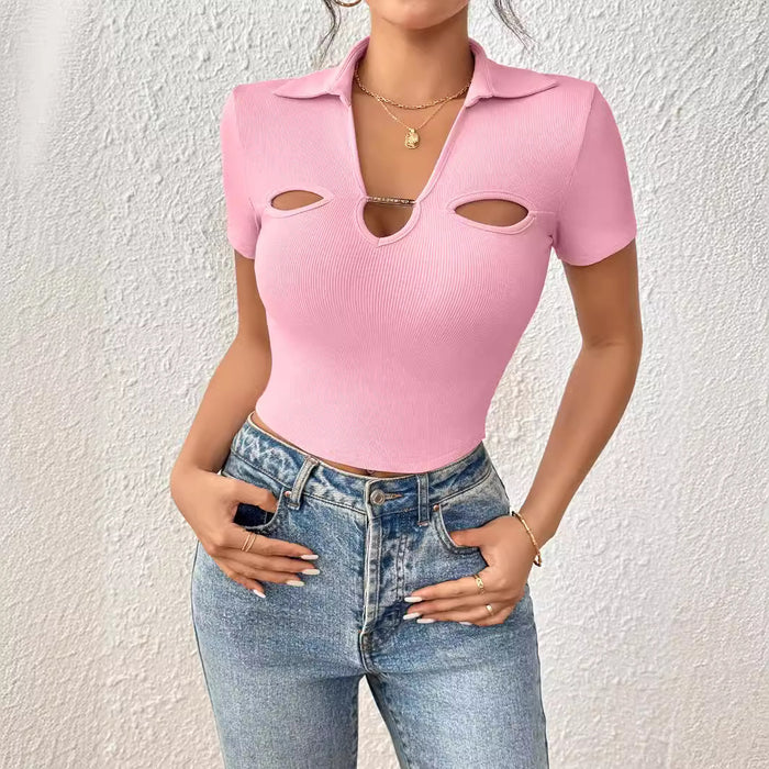 Collared Low Cut Short Sleeved Cropped Women T Shirt Vest