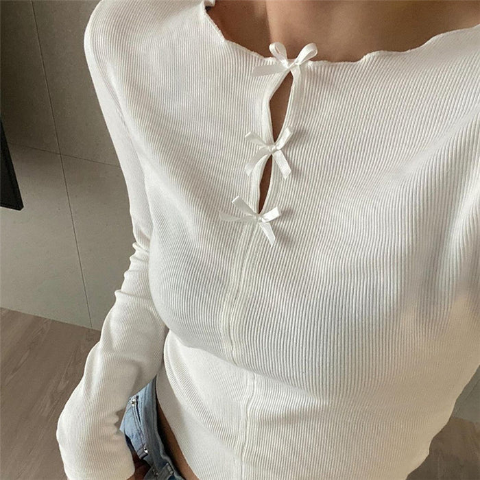 Spring Women Clothing Solid Color Round Neck Hollow Out Cutout Bow Slim Fit Knitted Top Women