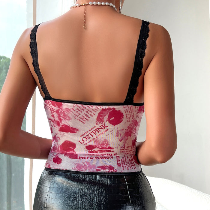 European French Retro Printed Short Strap Sexy Slim Lace Sexy Vest