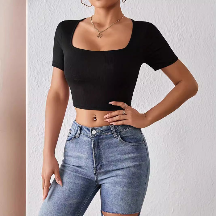 Sexy Boat Neck Cropped Women Top Short Sleeve