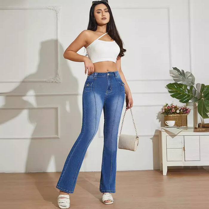 Jeans Washed High Waist Pocket Denim Trousers for Women Jeans