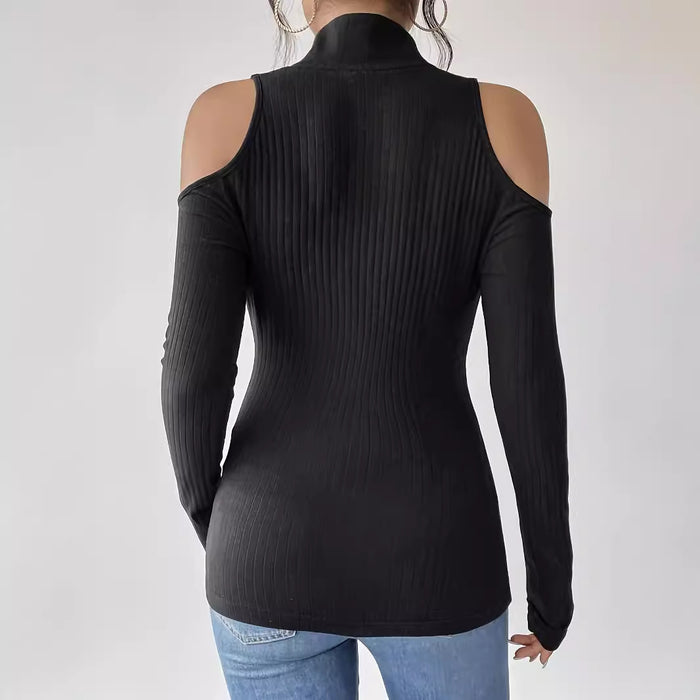 Elegant Lady Solid Color Rib Fabric Free Zipped Stand Collar off the Shoulder Long Sleeve T shirt Slimming Top