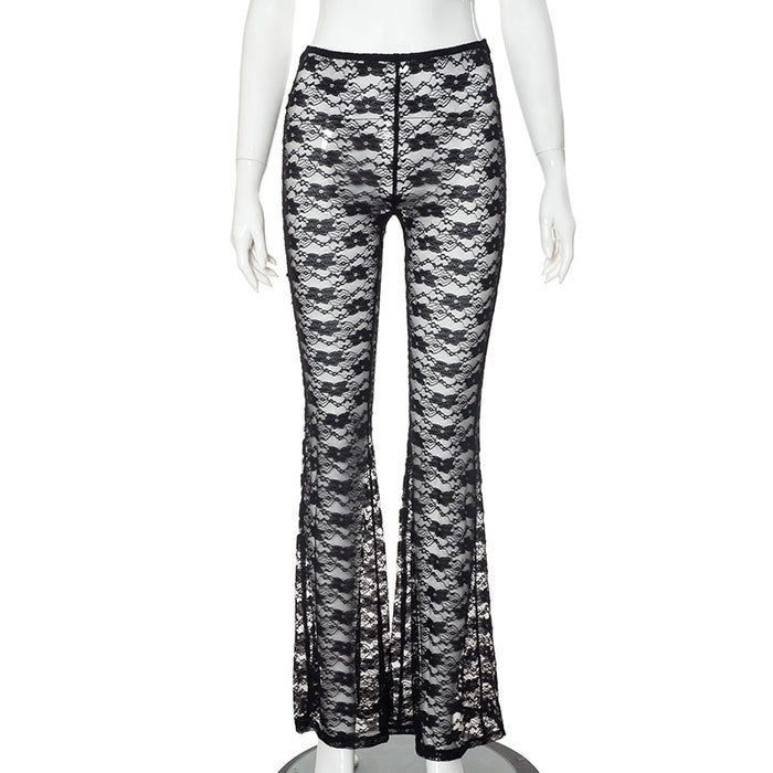 Flared Wide Leg Pants Small Floral Sexy Lace Pants High Elastic See through Casual Trousers