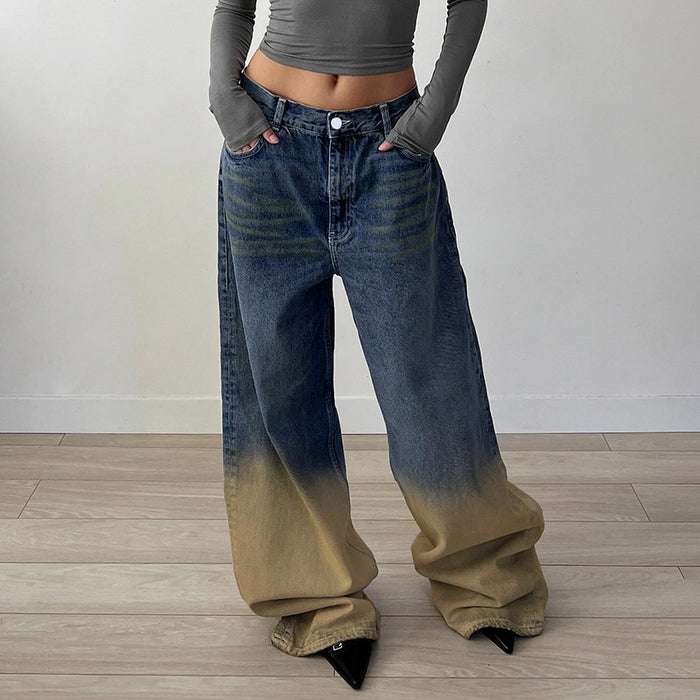 Street Women Summer Featured Washed Gradient Jeans Personality Loose Straight Trousers