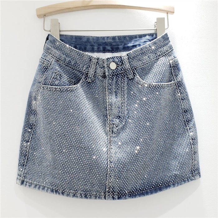 【MOQ-5 packs】 Summer Heavy Embroidery Drilling Denim Skirt Women High Waist Slimming A line Hip Wrapped Skirt