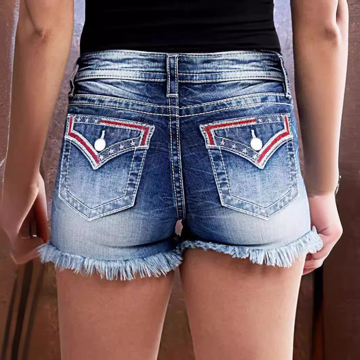 Embroidered Frayed Denim Shorts for Women