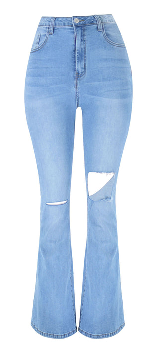 Women Clothing High Waist Stretch Comfortable Slimming Slightly Flared Denim Trousers Knee Ripped Street Easy to Wear