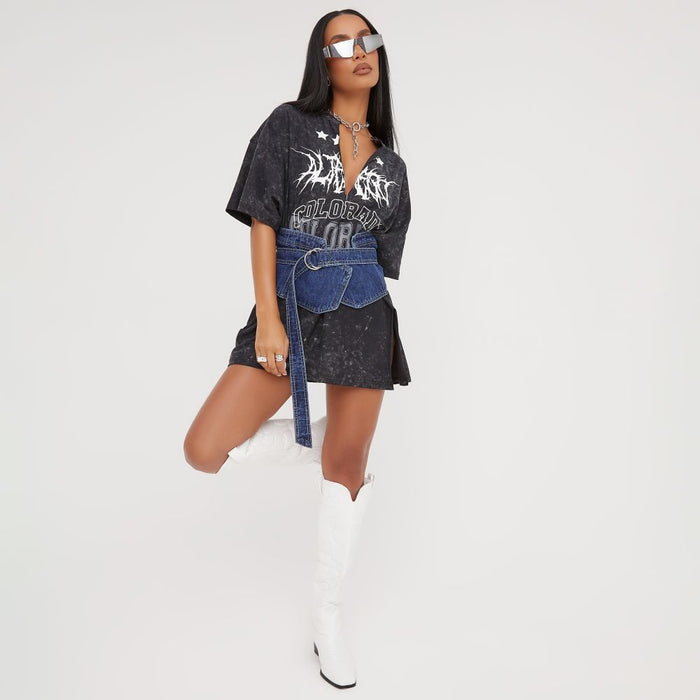 Sexy Deep V Plunge Sexy Worn Looking Washed out Casual Short Sleeve Loose Letter Graphic Print Slit Hemline at Hem Mid Length T shirt