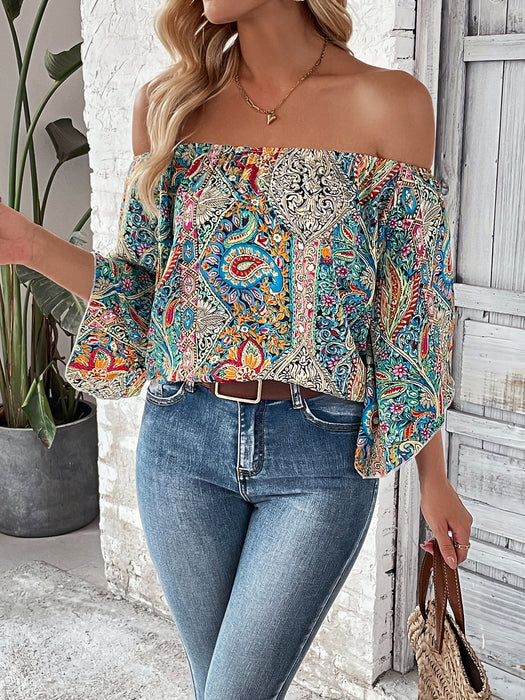 Summer Women Retro Ethnic Paisley Printed Short Sleeved Top