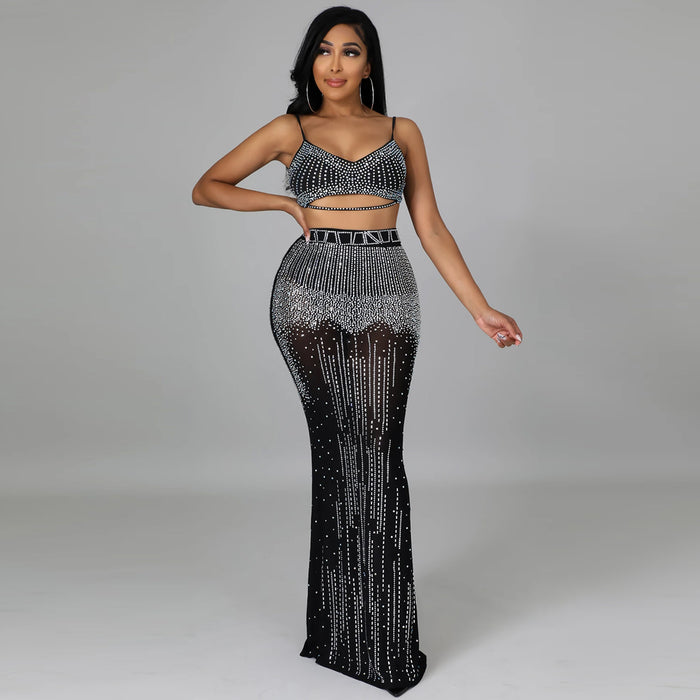 Sexy Women Wear Nightclub Party Mesh See through Camisole Maxi Dress Two Piece Set