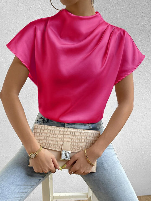 Summer Shirt Pullover Irregular Asymmetric Half Turtleneck Solid Color Silk like Office Sleeve Top