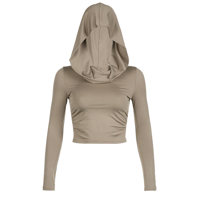 Women Wear Dune Hooded Top Autumn Winter Casual Solid Color Long Sleeve Pleated Cropped T shirt