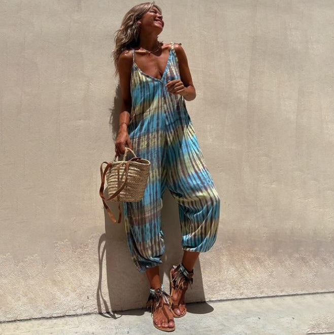 Printed Jumpsuit Summer V Neck Printed Loose Lace Up Jumpsuit