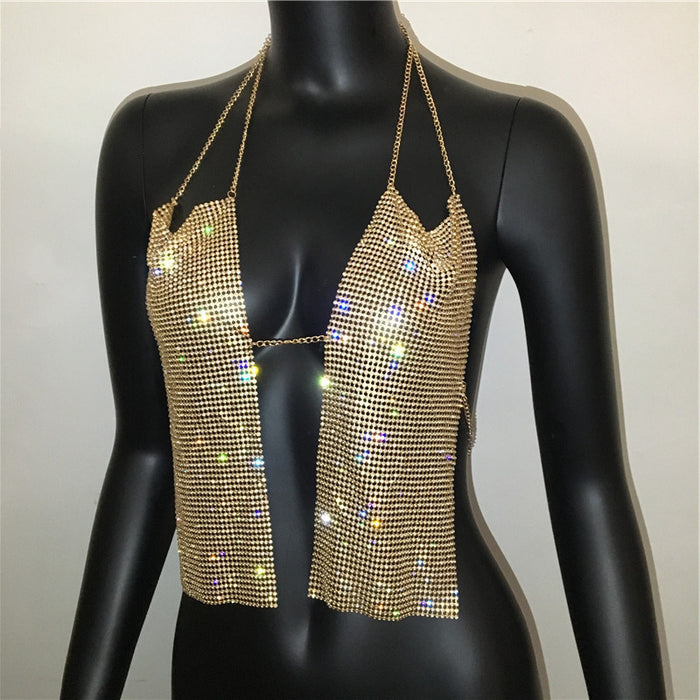 Women Clothing Flashing Rhinestone Deep V Plunge Plunge Chain Sexy Backless Halter Sling Sexy Top Ultra Short Sling