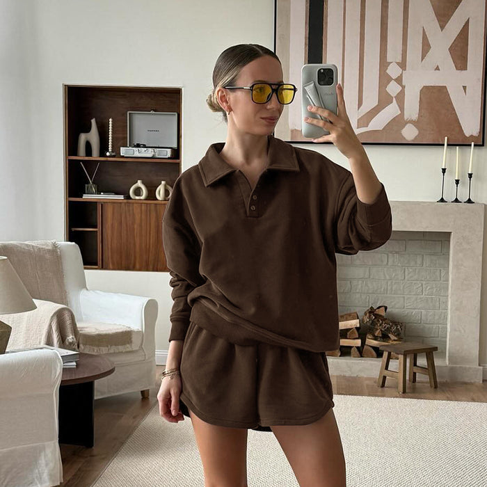 Autumn Casual Elegant Brown With Velvet Long Sleeve Knitted Fleece Shorts Two Piece Retro Easy Matching Suit