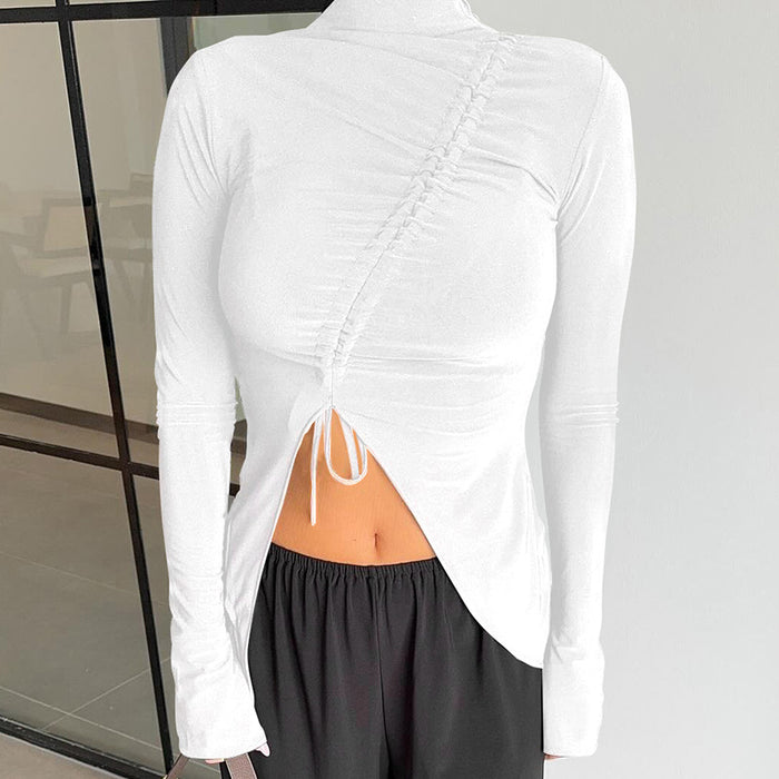 Half Turtleneck Collar Long Sleeve Irregular Asymmetric Design Drawstring Women Clothing