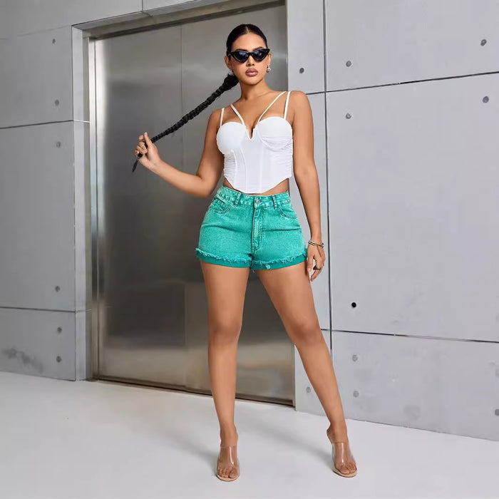 Women Clothing High Waist Loose Slimming Raw Hem Jeans Shorts