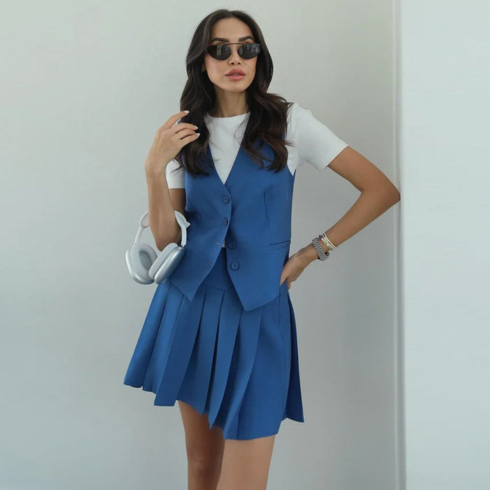 Suit Women Sleeveless Summer Vest Pleated Skirt Elegant Women Two Piece Suit