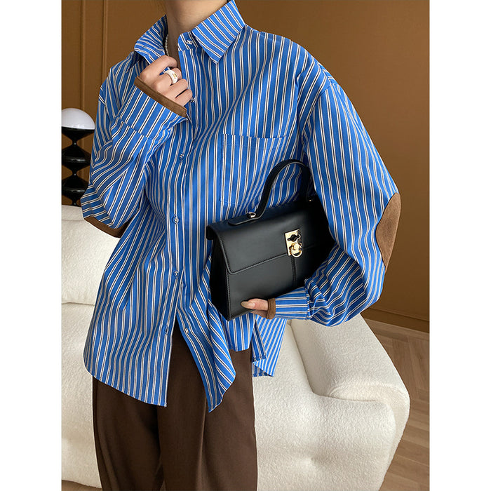 French Intellectual Suede Stitching Vertical Striped Loose Shirt Stacked Spring Autumn