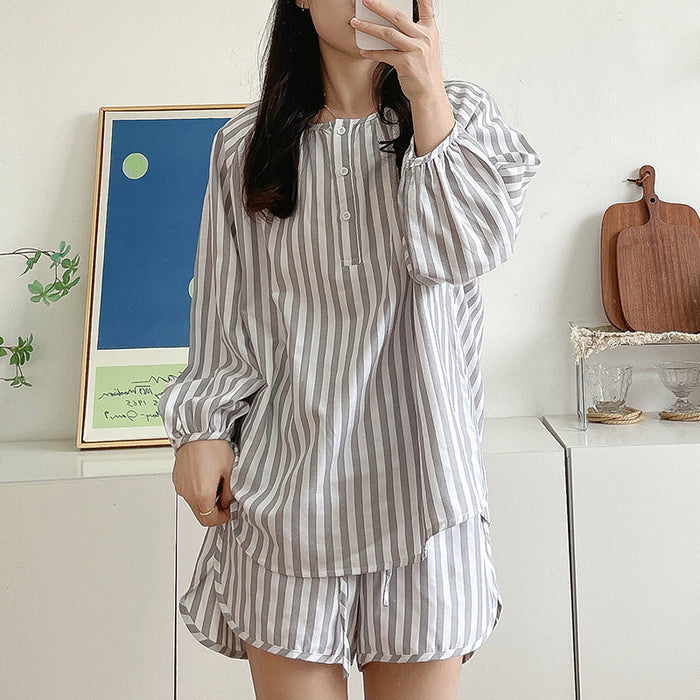 Spring Summer Korean Pajamas Printed Striped Comfortable Shorts Two Piece Casual Simple Loungewear Women Clothing