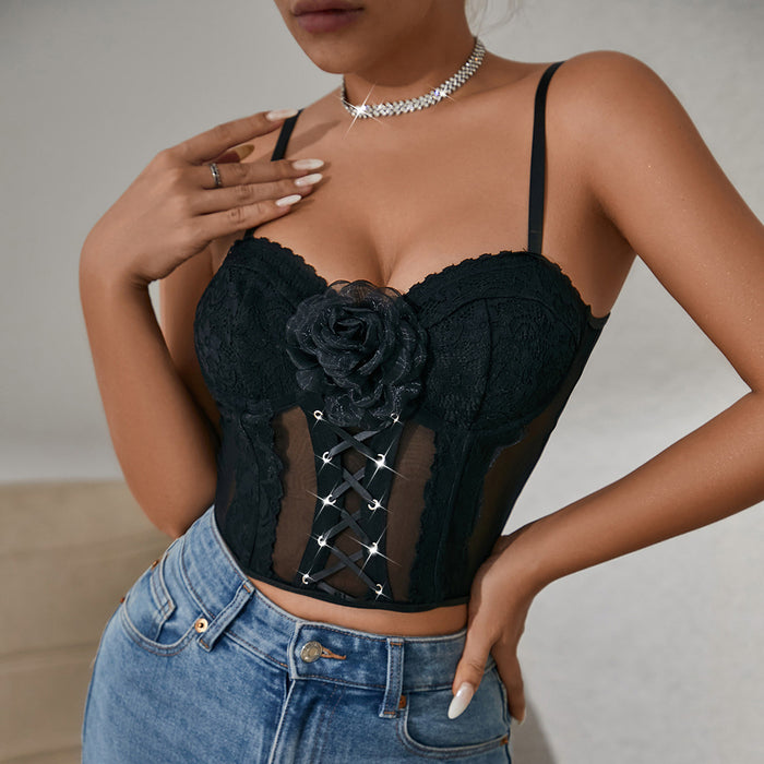 Sexy Sexy Mesh Wrapped Chest Strap Floral Boning Corset Casual Women Vest