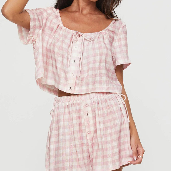 Summer Short Sleeve Pink Plaid Bow Lace up Top Shorts Sweet Casual Set