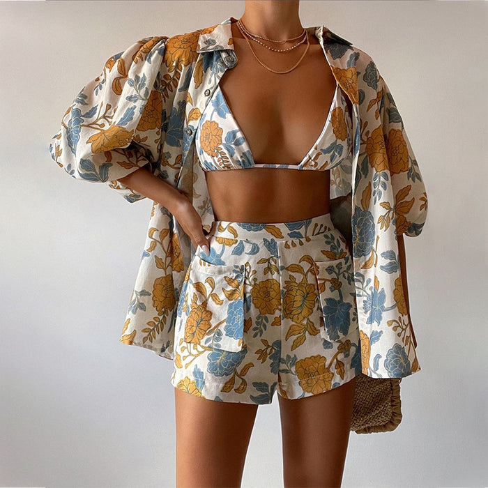 Spring Women Loose Printed Shirt Camisole Shorts Three Piece Set