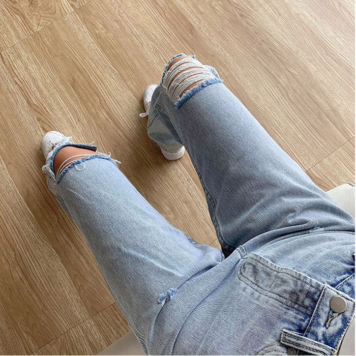 Women Jeans Casual Wide-Leg Washed Ripped Mid-Waist Jeans for Women