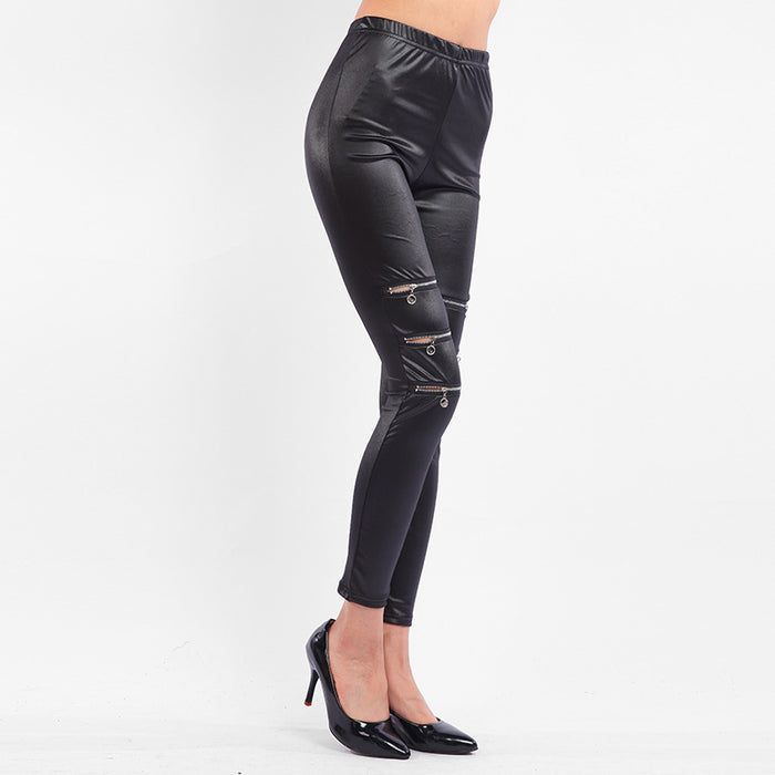 Elastic Waist Cropped Pants All Match Black Skinny Slim Looking Ripped Zipper Sexy Women Clothing Pants