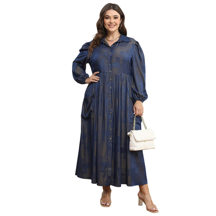 Plus Size Women Button Collared Long Sleeve Maxi Dress