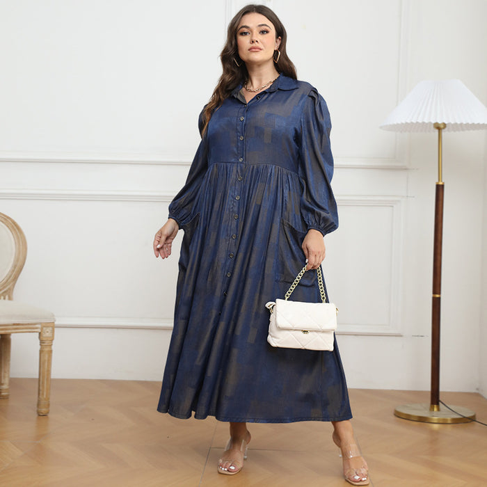 Plus Size Women Button Collared Long Sleeve Maxi Dress