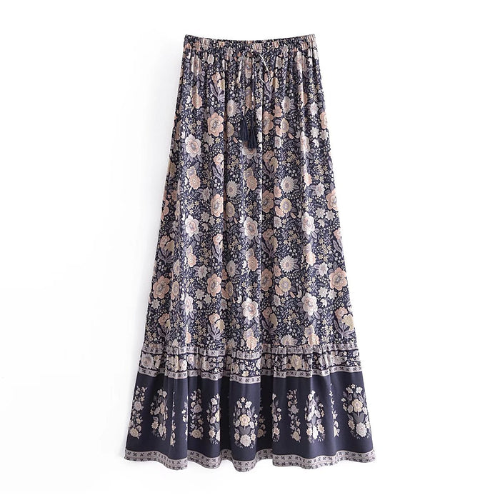 Spring Summer Rayon Positioning Floral Tassel Elastic Waist Skirt