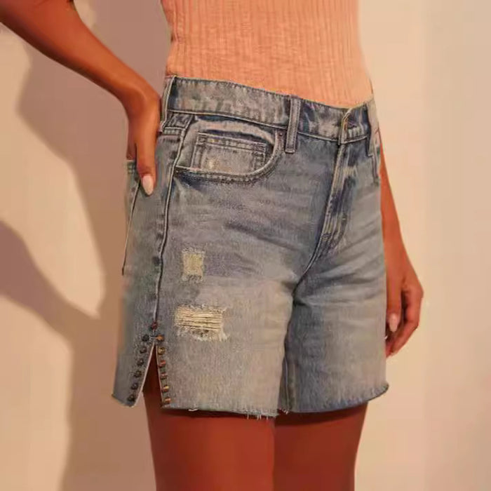 Retro High Waist Side A line Denim Shorts Women Slimming Decorative Pants for Girls