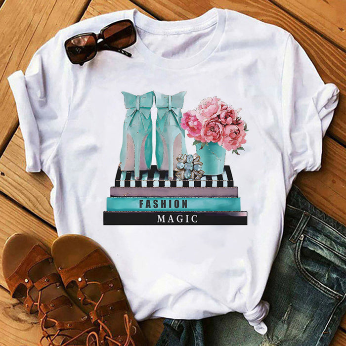 Women T shirt Spring Summer Women Clothing Top Print round Neck Top T-shirt